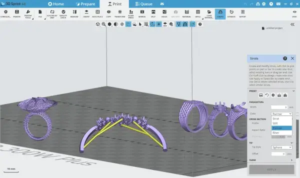 Screenshot of 3D Sprint showing Jewelry struts and runners 