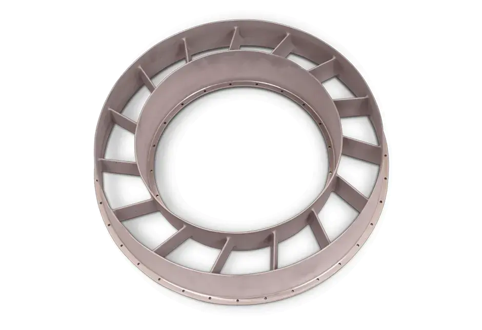 "DMP Factory 500에서 LaserForm®Ni718(A) 재료를 사용해 일체형으로 제작된 소형 Turbine Rear Vane(TRV). "