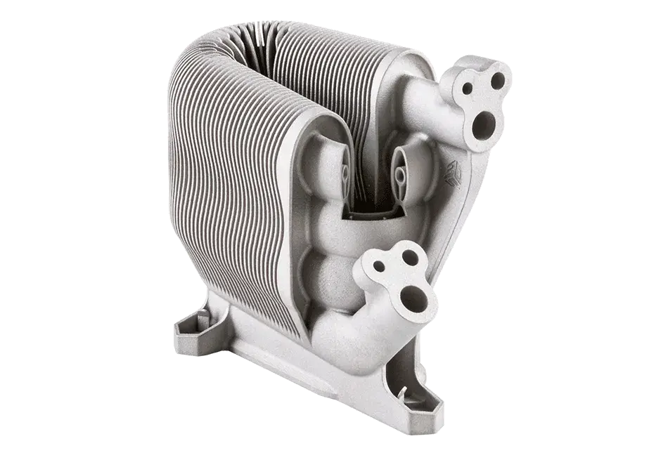 열전달 계수 개선을 위해 내부 형상 적응형 채널이 캡슐화된 라멜라 열 교환기.