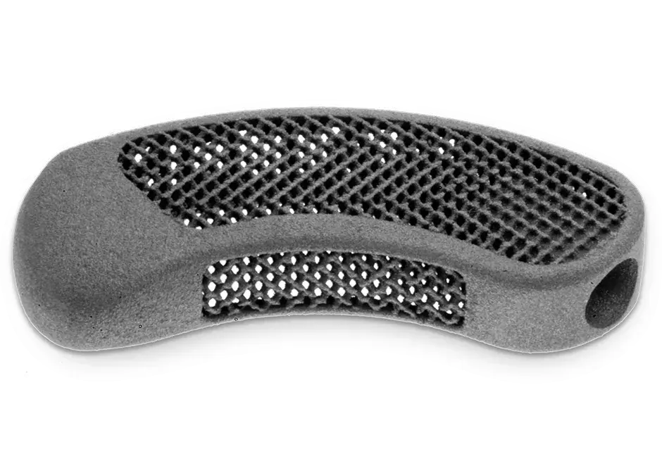 LaserForm Ti Gr5 (A) 재료로 제작된 골내 성장 촉진용 체간 유합 기기.