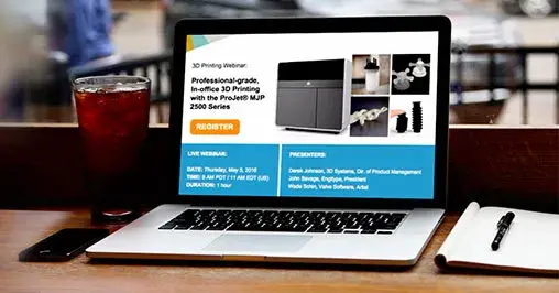 3D Systems의 웨비나 정보가 담긴 랩톱