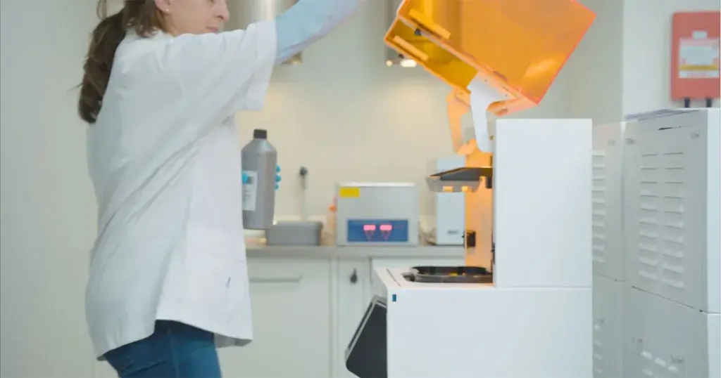 a person working in a dental lab using a 3D printer