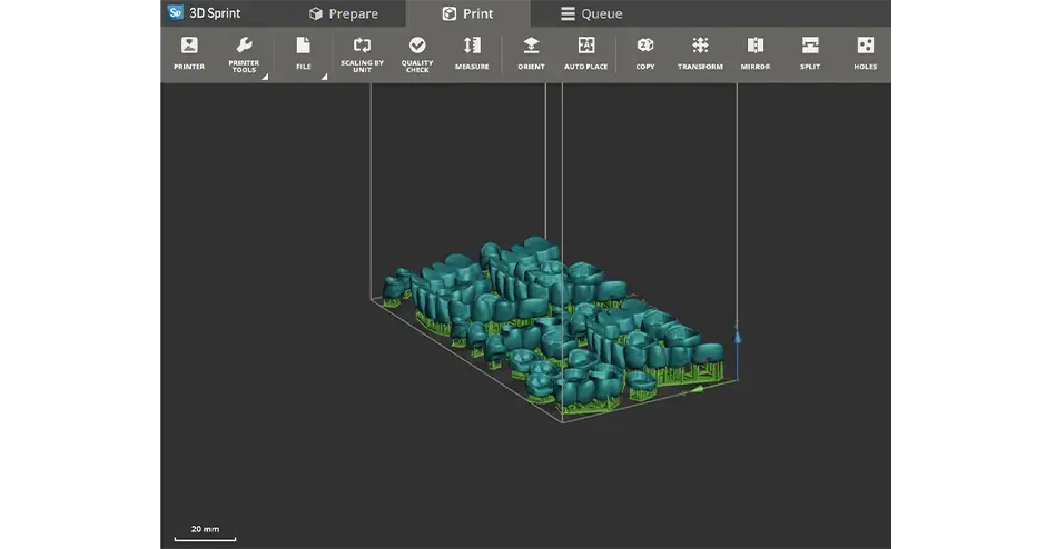 치과 파트로 채워진 3D Sprint 프린트 트레이 화면 캡처