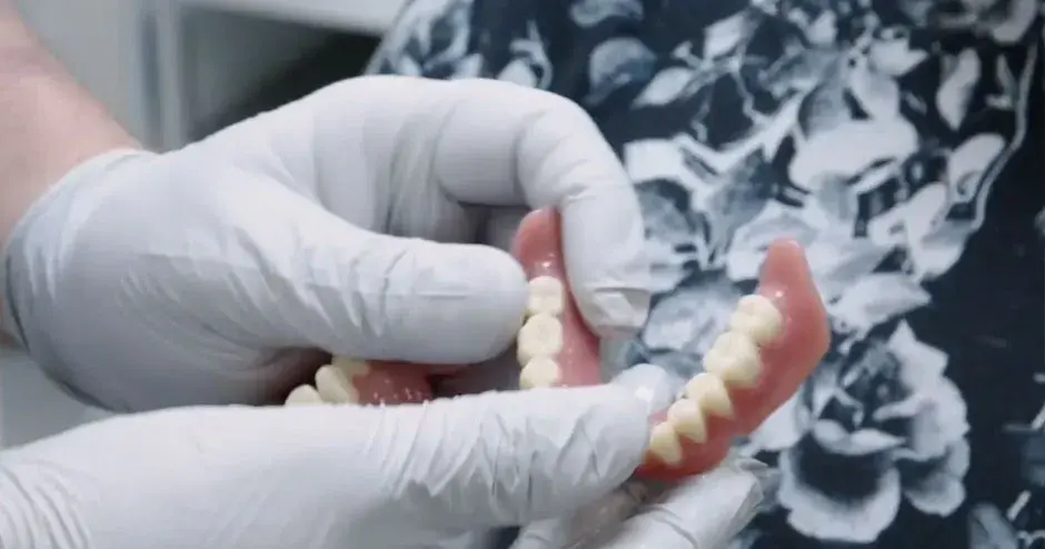 고객에게 새 의치를 제공하는 치과 의사