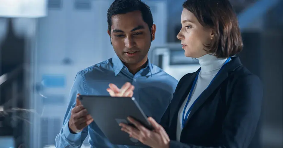 태블릿을 보며 서로 얘기하고 있는 직원 2명