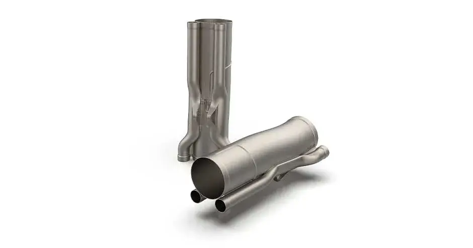 dmp laserform ti-gr23 (A) 배경에 똑바로 세워져 있는 배기장치와 앞쪽에 기울여서 뉘어 있는 배기장치