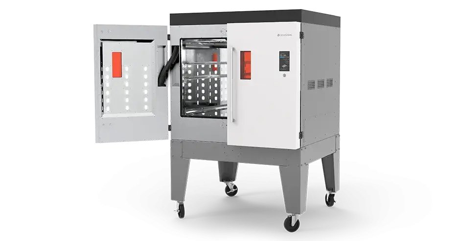 도어가 열려 내부 부품이 보이는 MDM 후처리 시스템