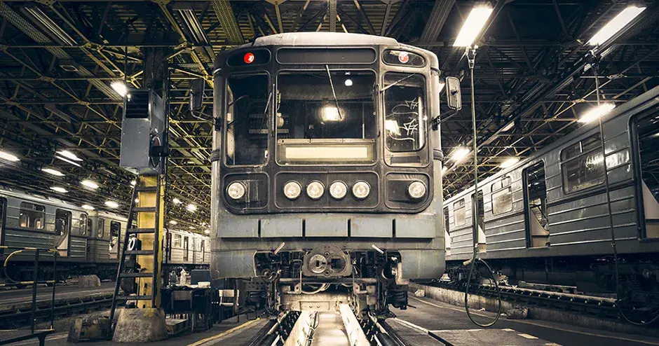 유지 보수를 위해 선로에 도킹되어 있는 지하철