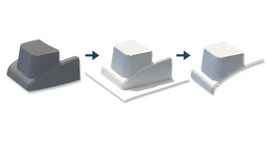 Titan Atlas 3.6에 PC-GF10 펠릿 재료를 사용해 프린팅한 열차 범퍼 커버의 미드 볼륨을 진공으로 성형할 때 사용되는 적층 제조 금형