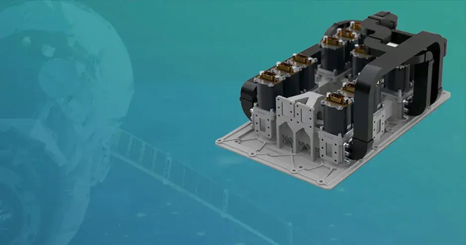 파란색과 청록색 배경이 있는 위성 부품