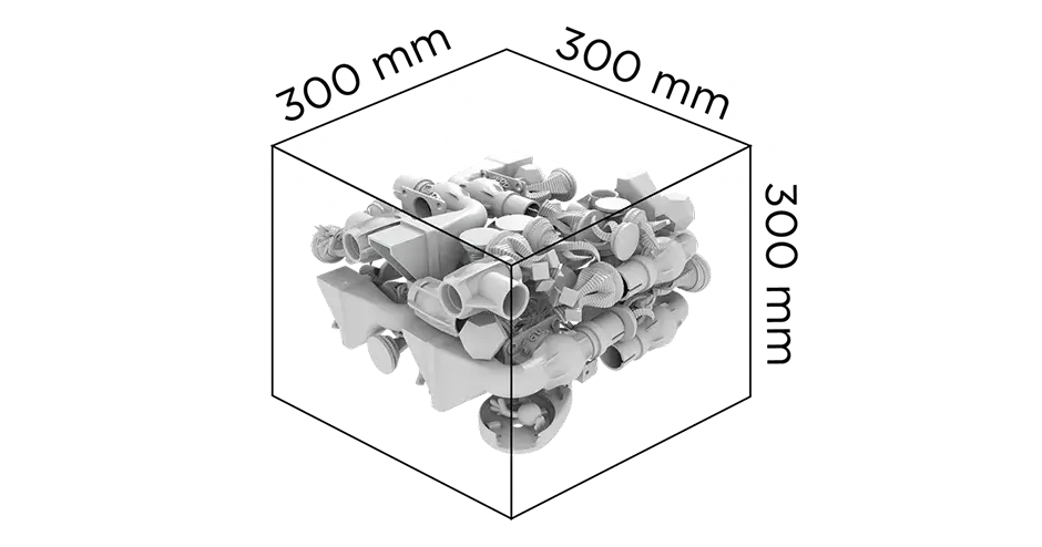 SLS 300 프린터의 제작 용적을 보여 주는 그래픽