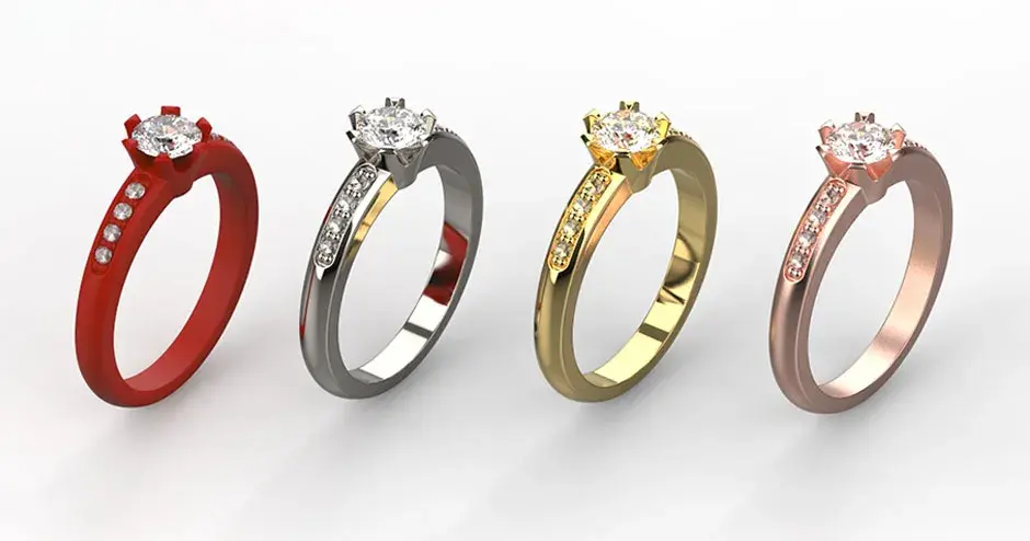 주조 공정을 보여 주는, 나란히 놓인 4가지 링