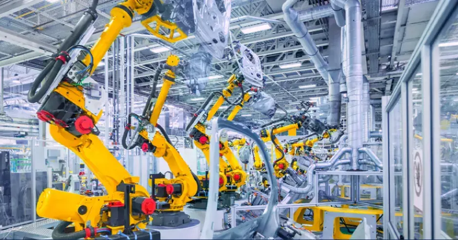 A factory floor with robotic arms